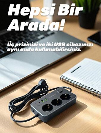 Winnboss 2.1A 3 USB Termal Akım Korumalı 3lü 2m Grup Priz