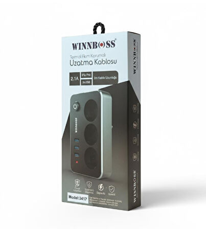 Winnboss 2.1A 3 USB Termal Akım Korumalı 3lü 2m Grup Priz