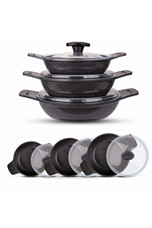 ThermoAD Pyro Granit Döküm 3'lü Güveç Sahan Set - 6 Parça - Gri - 18 20 22 cm