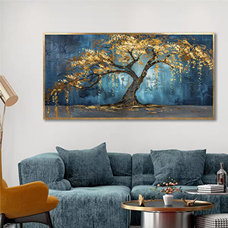 Yağlı Boya Dokulu Tablo Mavi Fonda Tek Sarı Ağaç U01008