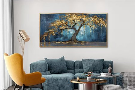 Yağlı Boya Dokulu Tablo Mavi Fonda Tek Sarı Ağaç U01008