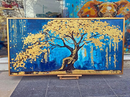 Yağlı Boya Dokulu Tablo Mavi Fonda Bonsai Ağacı U01009