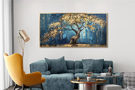 Yağlı Boya Dokulu Tablo Mavi Fonda Bonsai Ağacı U01009