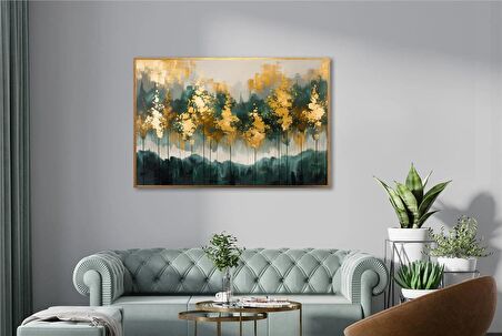 Yağlı Boya Dokulu Tablo Altın Yeşil Ağaçlı Soyut Manzara U01015