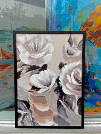 Yağlı Boya Dokulu Tablo Modern Beyaz Çiçekler U02008