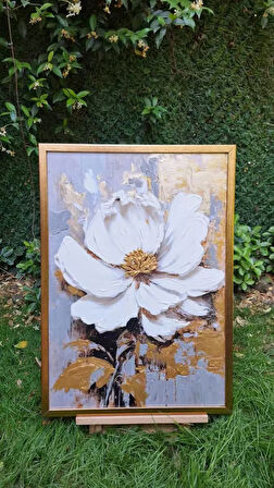 Yağlı Boya Dokulu Tablo Modern Tek Beyaz Çiçek U02018