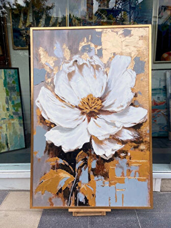 Yağlı Boya Dokulu Tablo Modern Tek Beyaz Çiçek U02018