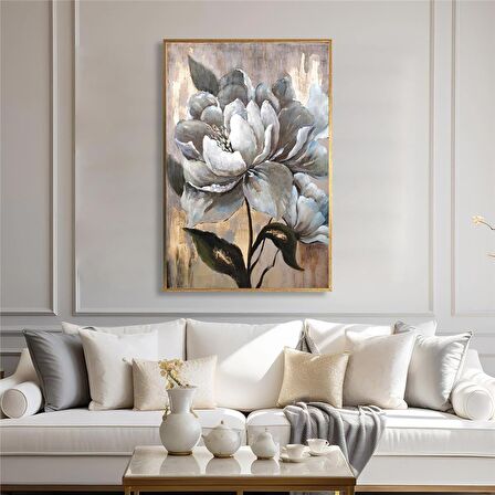 Yağlı Boya Dokulu Tablo Soyut Beyaz Dikey Çiçek U02041