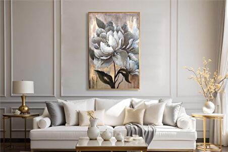 Yağlı Boya Dokulu Tablo Soyut Beyaz Dikey Çiçek U02041