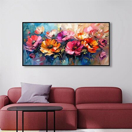 Yağlı Boya Dokulu Tablo Modern Renkli Yatay Çiçekler U02044