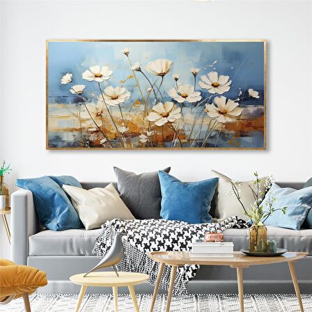 Yağlı Boya Dokulu Tablo Mavi Fonda Beyaz Yatay Çiçekler U02045