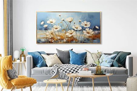 Yağlı Boya Dokulu Tablo Mavi Fonda Beyaz Yatay Çiçekler U02045