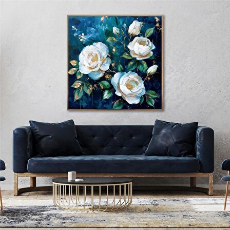 Yağlı Boya Dokulu Tablo Koyu Fonda Beyaz Güller U02049