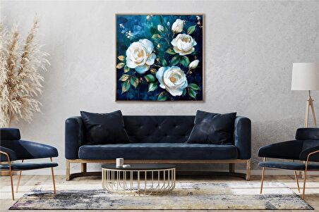 Yağlı Boya Dokulu Tablo Koyu Fonda Beyaz Güller U02049