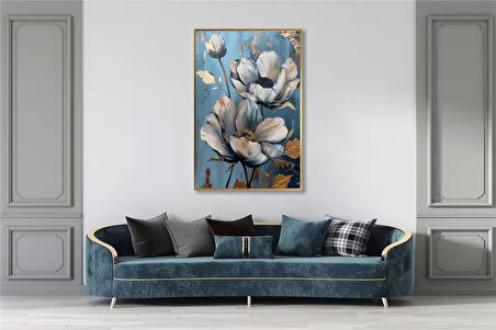 Yağlı Boya Dokulu Tablo Mavi Fonda Beyaz Altın Çiçekler U02051