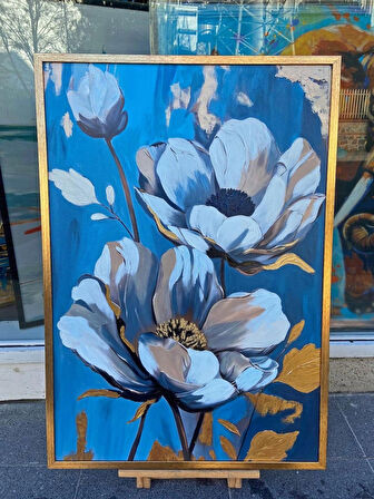 Yağlı Boya Dokulu Tablo Mavi Fonda Beyaz Altın Çiçekler U02051