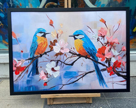 Yağlı Boya Dokulu Tablo Dalda Renkli Kuşlar U04005