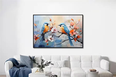 Yağlı Boya Dokulu Tablo Dalda Renkli Kuşlar U04005