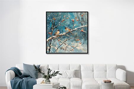 Yağlı Boya Dokulu Tablo Karlı Havada Dalda Kuşlar U04022