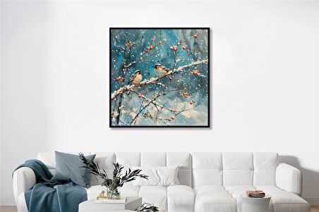 Yağlı Boya Dokulu Tablo Karlı Havada Dalda Kuşlar U04022