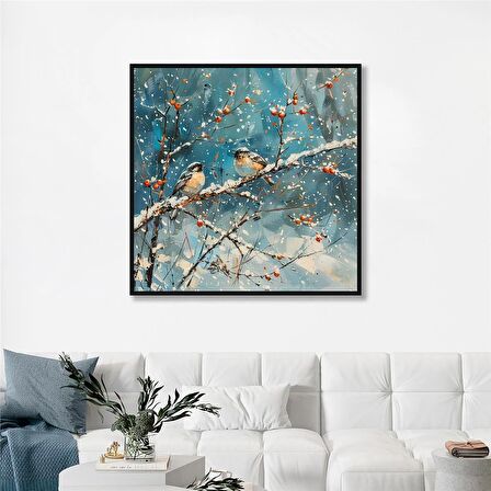 Yağlı Boya Dokulu Tablo Karlı Havada Dalda Kuşlar U04022