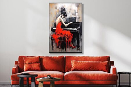 Yağlı Boya Dokulu Tablo Kırmızı Elbiseli Piyano Çalan Kadın U05004