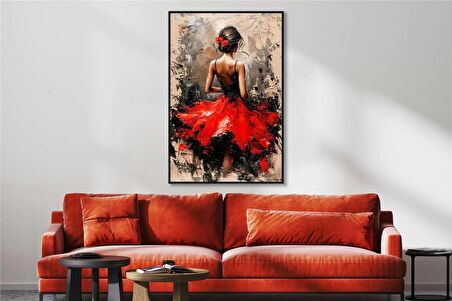 Yağlı Boya Dokulu Tablo Modern Kırmızı Elbiseli Sırtı Dönük Kadın U05008