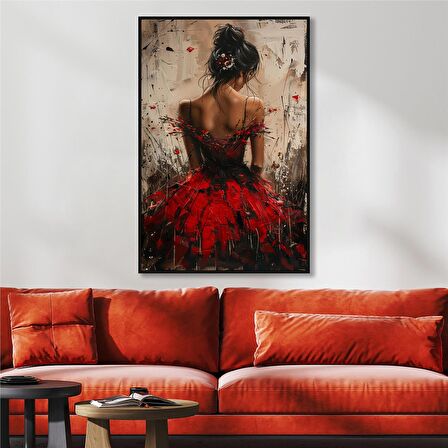 Yağlı Boya Dokulu Tablo Modern Kırmızı Elbiseli Sırtı Dönük Kadın U05009