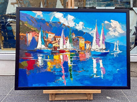 Yağlı Boya Dokulu Tablo Kıyıda Yelkenliler U06017