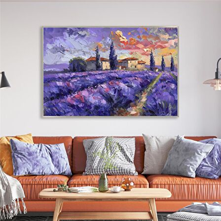 Yağlı Boya Dokulu Tablo Modern Lavanta Tarlası Manzarası U06028