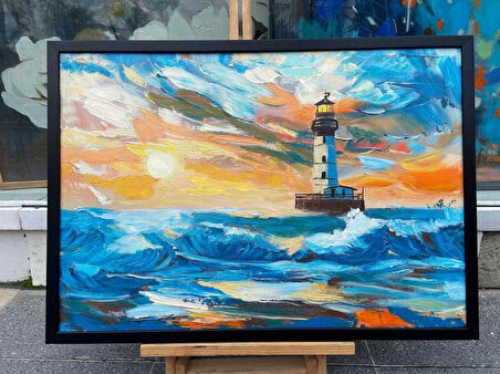 Yağlı Boya Dokulu Tablo Dalgalı Denizde Deniz Feneri Manzarası Siyah Çerçeveli U06030