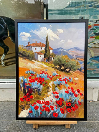 Yağlı Boya Dokulu Tablo Kırmızı Gelincikler ve Köy Evi Manzarası U06032