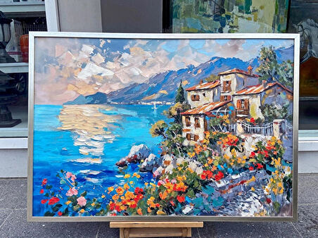 Yağlı Boya Dokulu Tablo Modern Spatula Akdeniz Evleri Manzarası U06041