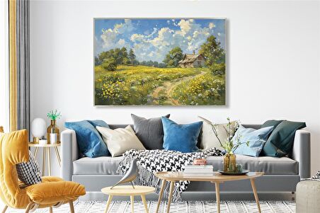 Yağlı Boya Dokulu Tablo Yeşil Doğa ve Köy Evleri Manzarası U06042