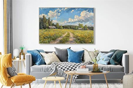 Yağlı Boya Dokulu Tablo Yeşil Doğa ve Köy Evleri Manzarası U06043