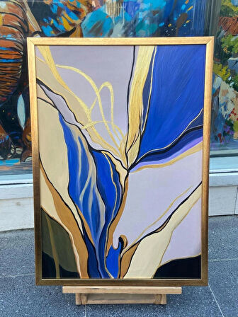 Yağlı Boya Dokulu Tablo Mavi Bej Altın Soyut U08001