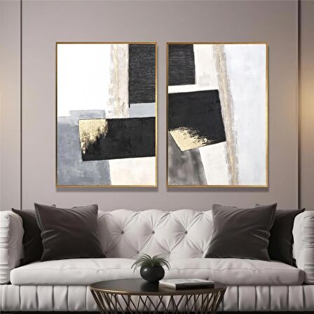 Yağlı Boya Dokulu Tablo Siyah Gri Gold Soyut U08014
