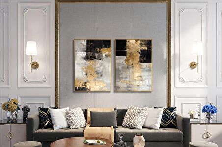 Yağlı Boya Dokulu Tablo Siyah Gri Altın Soyut İkili Set U08048