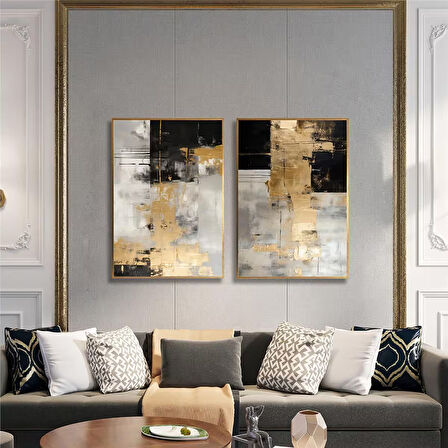 Yağlı Boya Dokulu Tablo Siyah Gri Altın Soyut İkili Set U08048