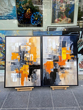 Yağlı Boya Dokulu Tablo Siyah Beyaz Kahve Soyut İkili Set U08050