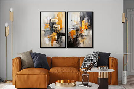 Yağlı Boya Dokulu Tablo Siyah Beyaz Kahve Soyut İkili Set U08050