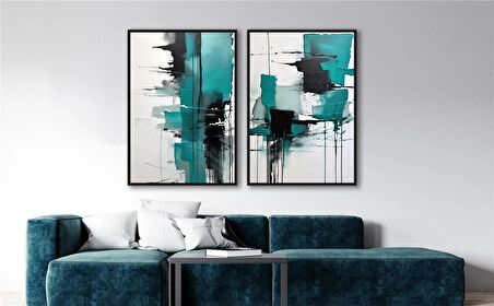 Yağlı Boya Dokulu Tablo Yeşil Siyah Beyaz Soyut İkili Set U08060
