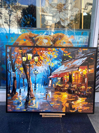 Yağlı Boya Dokulu Tablo Modern Paris Sokak Kafe U09016