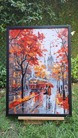 Yağlı Boya Dokulu Tablo Sonbahar Şehir Manzarası U09017