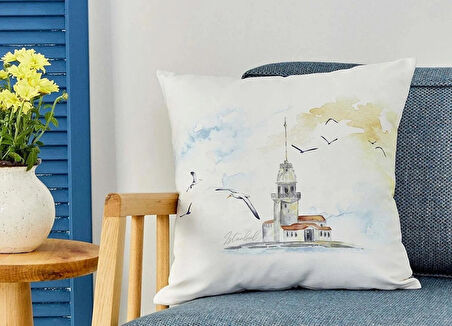 Karaca Home Kız Kulesi Ekru Desenli İç Dolgulu Kırlent 45×45 cm | Şık Ve Keyifli Dekoratif Yastık