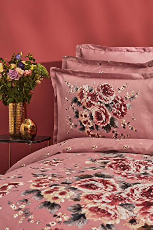 Estila Pamuk Çift Kişilik Saten Nevresim Takımı Gül Kurusu