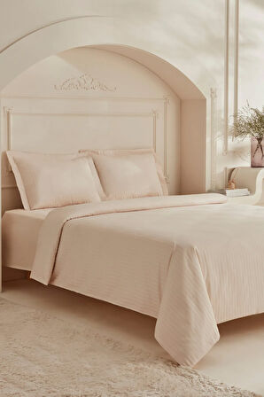 Karaca Home White Collection Minas  94 Tel %100 Pamuk Çift Kişilik Çizgili Saten Nevresim Takımı Bej