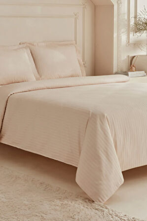Karaca Home White Collection Minas  94 Tel %100 Pamuk Çift Kişilik Çizgili Saten Nevresim Takımı Bej