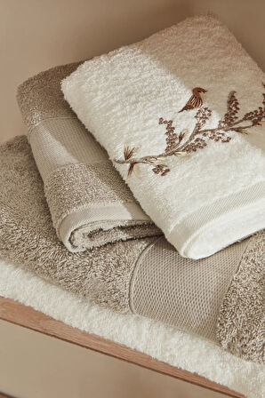 Karaca Home Bird %100 Pamuk Aile Banyo Seti Krem-Açık Gri