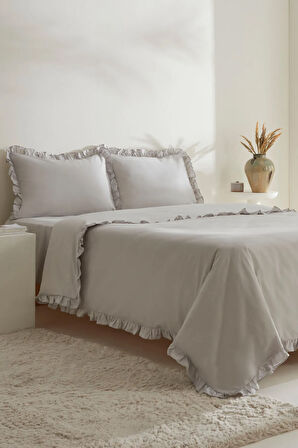 Karaca Home Pure Ruffle %100 Pamuk Çift Kişilik Nevresim Takımı Açık Gri